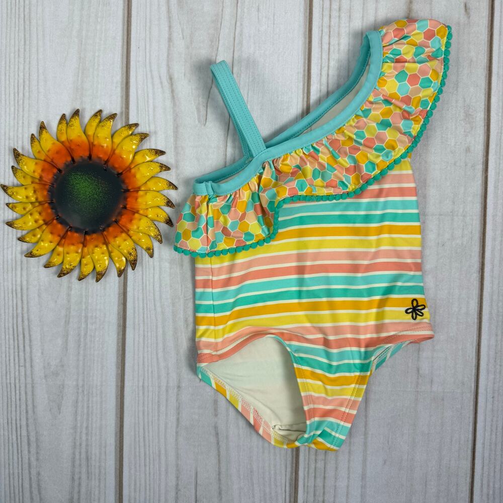 Matilda Jane Kids Girls One Shoulder Swimsuit Rainbow Stripe Ruffle Size 2/2T